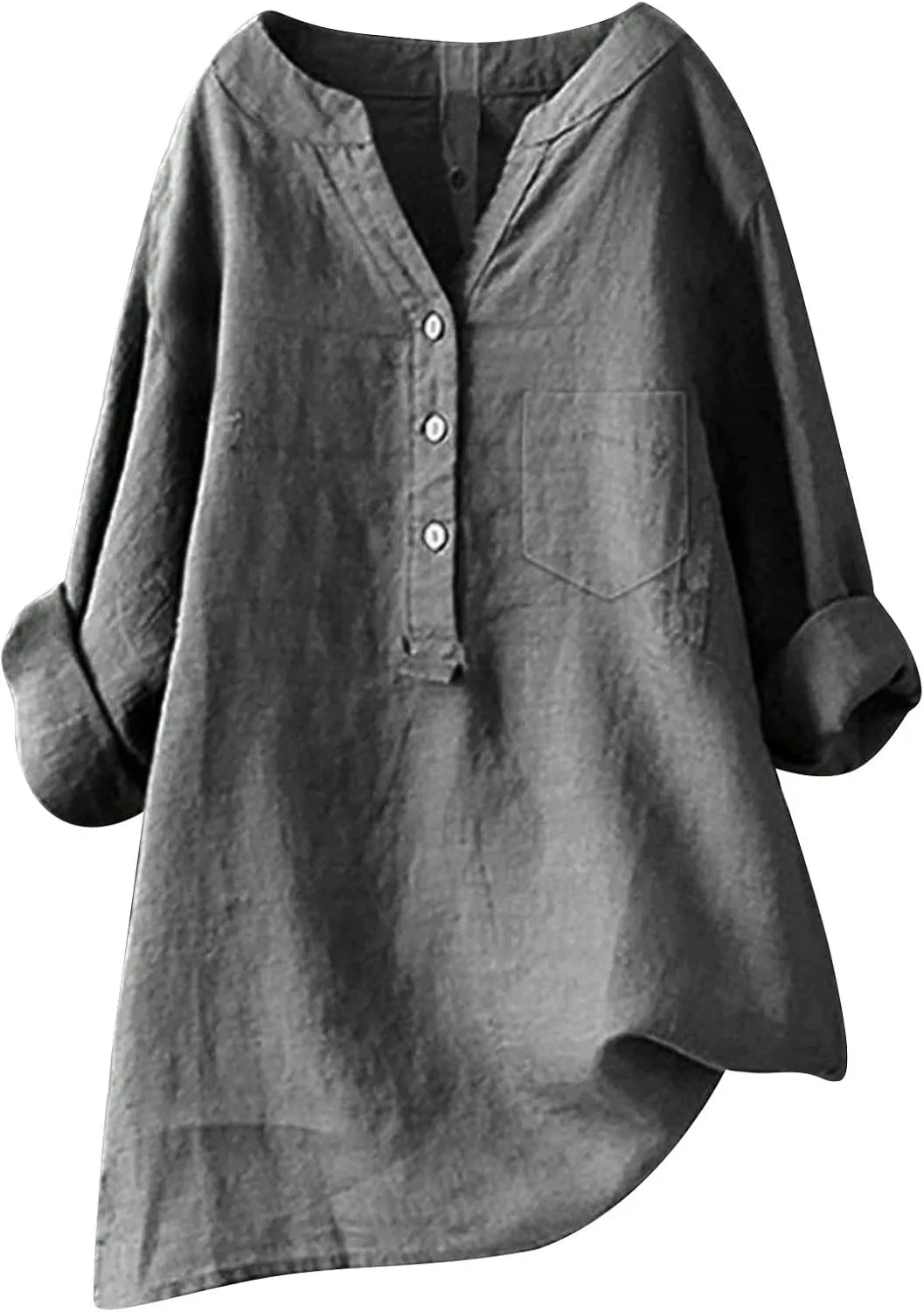 Linen Button Down Shirt for Women 3/4 Sleeve V Neck Summer Cotton Linen Tunic Top with Pocket Loose Fit Tshirt Casual Blouse