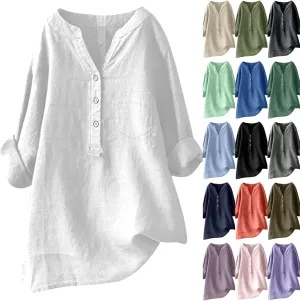 Linen Button Down Shirt for Women 3/4 Sleeve V Neck Summer Cotton Linen Tunic Top with Pocket Loose Fit Tshirt Casual Blouse