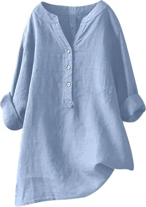 Linen Button Down Shirt for Women 3/4 Sleeve V Neck Summer Cotton Linen Tunic Top with Pocket Loose Fit Tshirt Casual Blouse