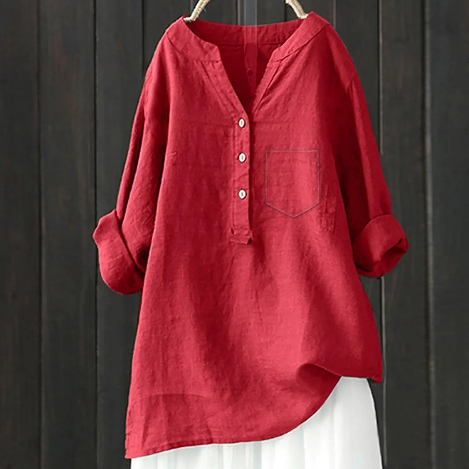 Linen Button Down Shirt for Women 3/4 Sleeve V Neck Summer Cotton Linen Tunic Top with Pocket Loose Fit Tshirt Casual Blouse