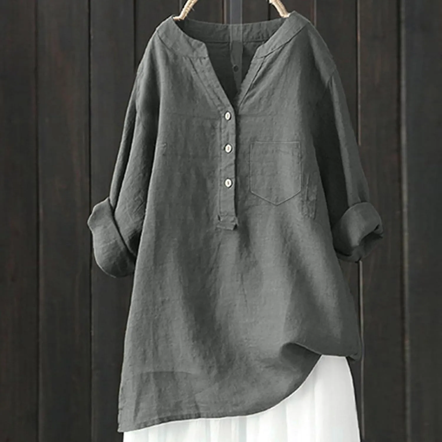 Linen Button Down Shirt for Women 3/4 Sleeve V Neck Summer Cotton Linen Tunic Top with Pocket Loose Fit Tshirt Casual Blouse