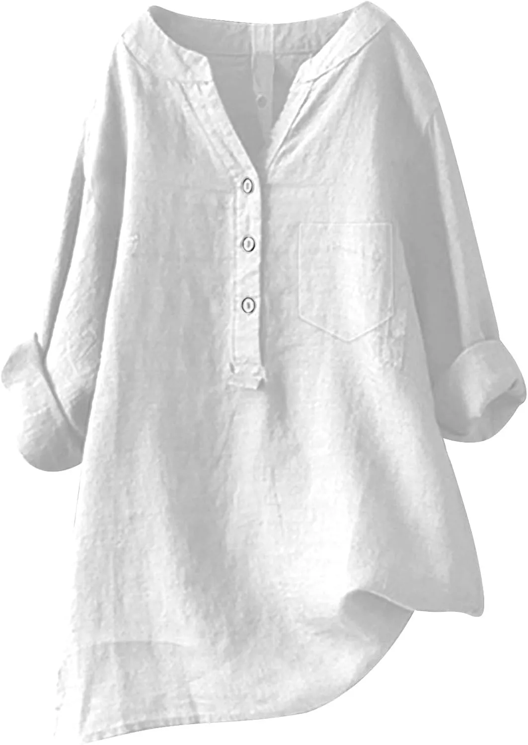 Linen Button Down Shirt for Women 3/4 Sleeve V Neck Summer Cotton Linen Tunic Top with Pocket Loose Fit Tshirt Casual Blouse