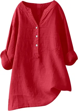 Linen Button Down Shirt for Women 3/4 Sleeve V Neck Summer Cotton Linen Tunic Top with Pocket Loose Fit Tshirt Casual Blouse