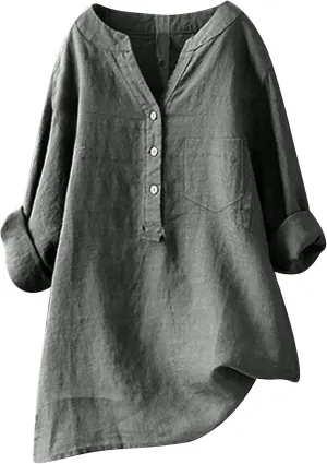 Linen Button Down Shirt for Women 3/4 Sleeve V Neck Summer Cotton Linen Tunic Top with Pocket Loose Fit Tshirt Casual Blouse