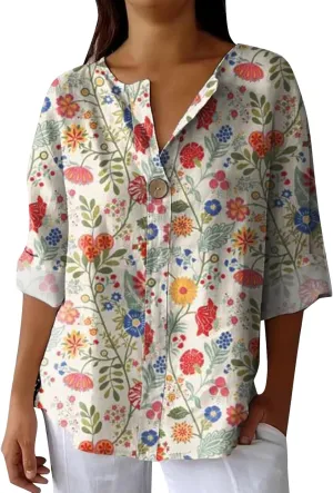 Linen Shirts for Women Short Sleeve V Neck Casual Vintage Button Down Blouse Floral Boho Summer Tops Tunic Tshirts