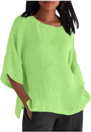 Linen Shirts for Women Solid Color Basic 3/4 Sleeve Tops Summer Casual Round Neck Pullover Blouse Ladies Tunic Tshirt
