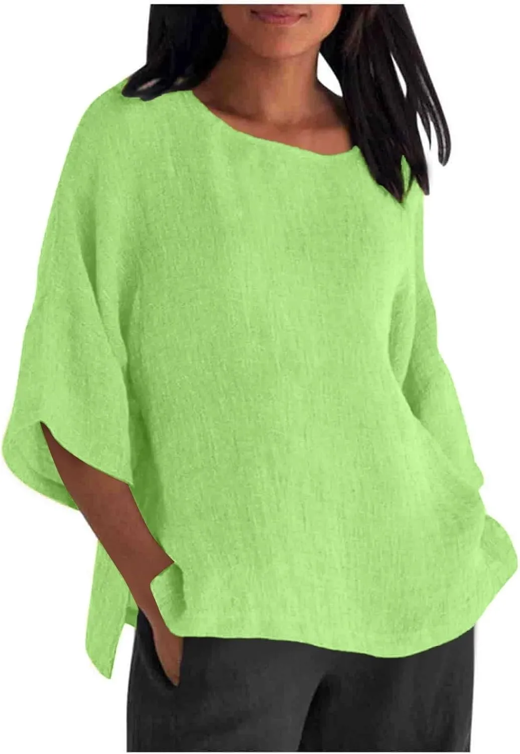 Linen Shirts for Women Solid Color Basic 3/4 Sleeve Tops Summer Casual Round Neck Pullover Blouse Ladies Tunic Tshirt