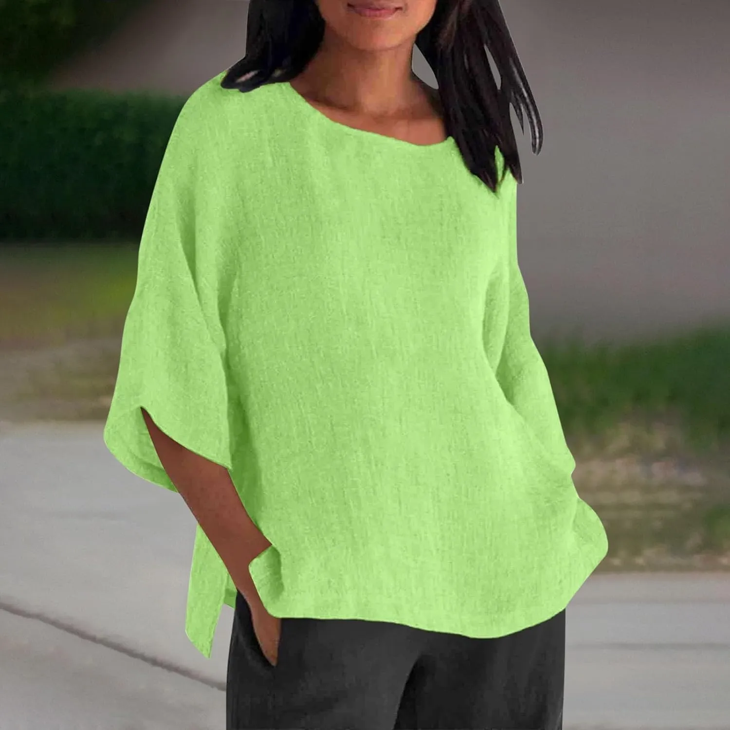 Linen Shirts for Women Solid Color Basic 3/4 Sleeve Tops Summer Casual Round Neck Pullover Blouse Ladies Tunic Tshirt