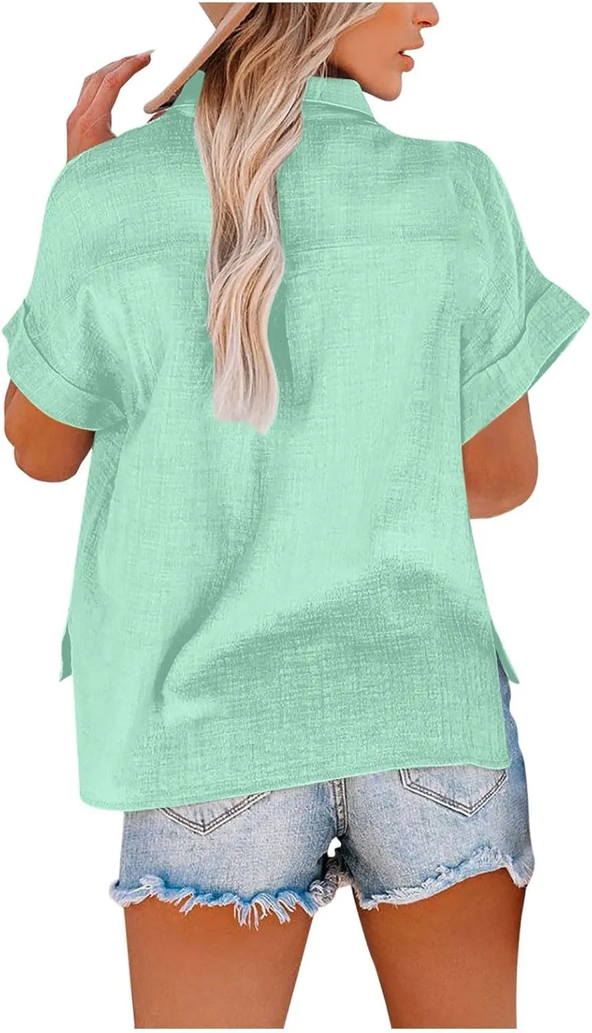 Linen Shirts for Women Trendy V Neck Loose Tee Casual Solid Color Tops With Pocket Lapel Blouses Short Sleeve Outfits