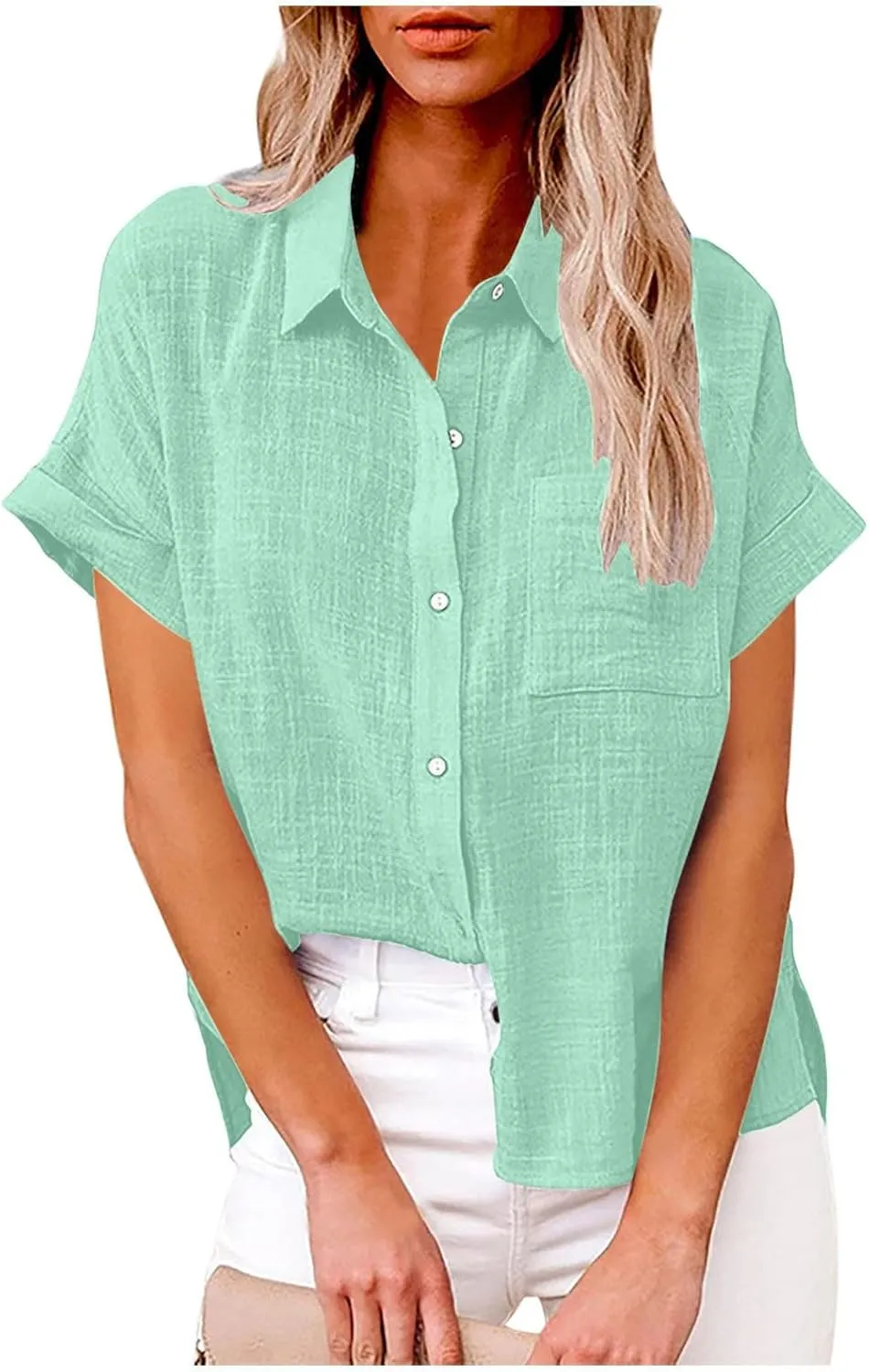 Linen Shirts for Women Trendy V Neck Loose Tee Casual Solid Color Tops With Pocket Lapel Blouses Short Sleeve Outfits