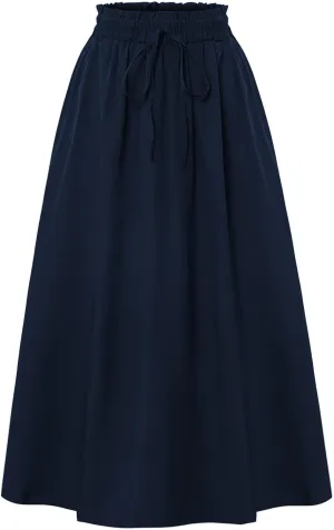 Linen Skirt Women Midi Skirts Summer Drawstring High Waist Hippie Skirts Pleated A Line Knee Length Skirt with Pocket