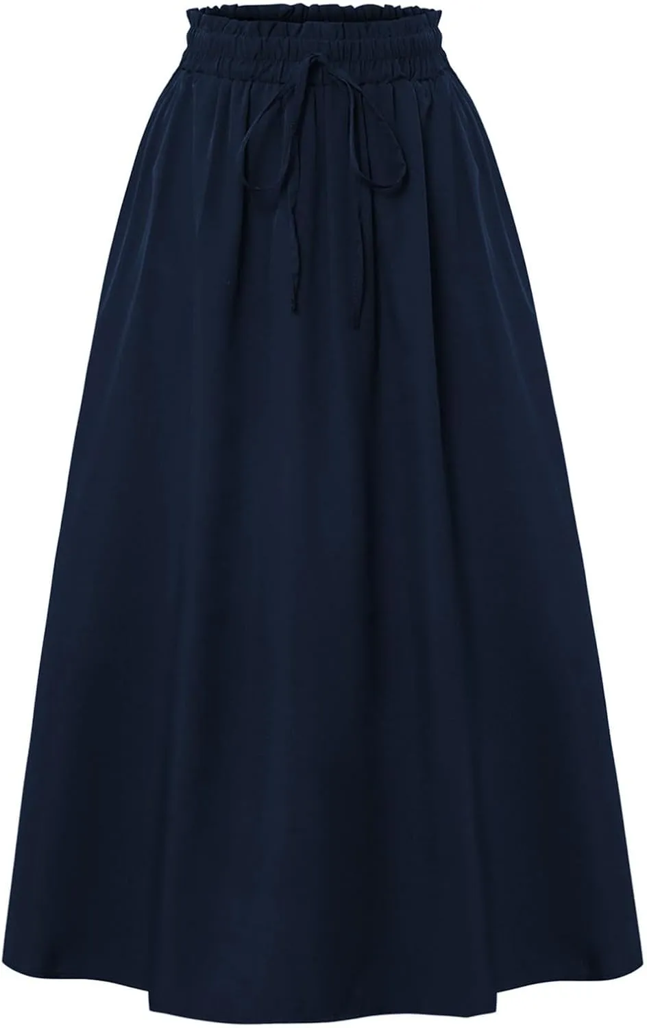 Linen Skirt Women Midi Skirts Summer Drawstring High Waist Hippie Skirts Pleated A Line Knee Length Skirt with Pocket