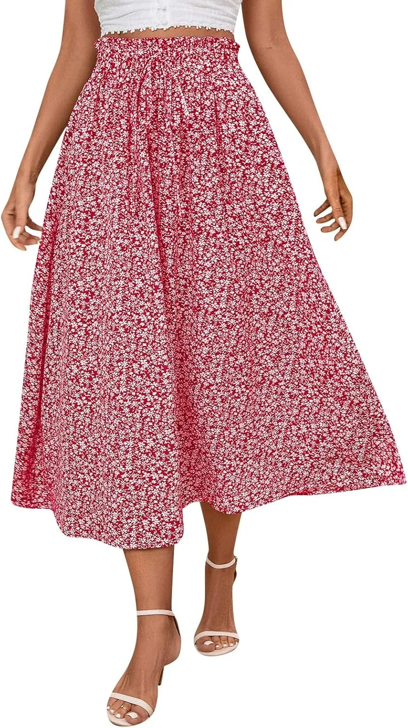 Linen Skirts for Women Boho Midi Skirt Summer Drawstring High Waist Skirts Ruffle A Line Calf Length Skirt with Pocket