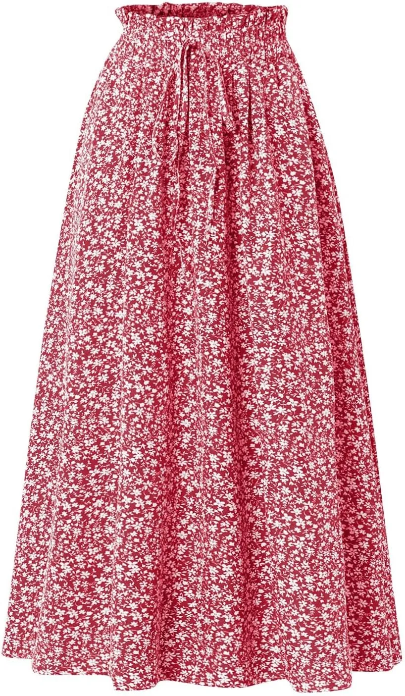 Linen Skirts for Women Boho Midi Skirt Summer Drawstring High Waist Skirts Ruffle A Line Calf Length Skirt with Pocket