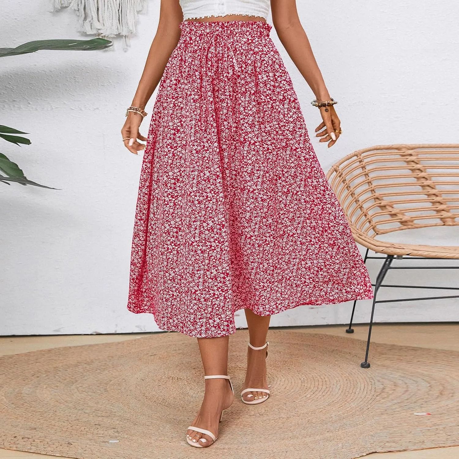 Linen Skirts for Women Boho Midi Skirt Summer Drawstring High Waist Skirts Ruffle A Line Calf Length Skirt with Pocket