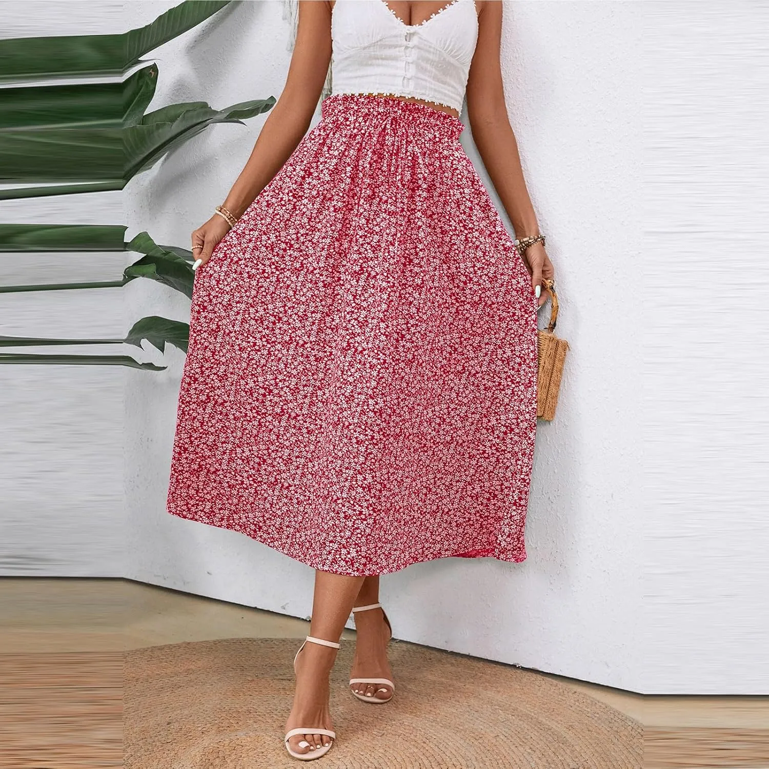 Linen Skirts for Women Boho Midi Skirt Summer Drawstring High Waist Skirts Ruffle A Line Calf Length Skirt with Pocket