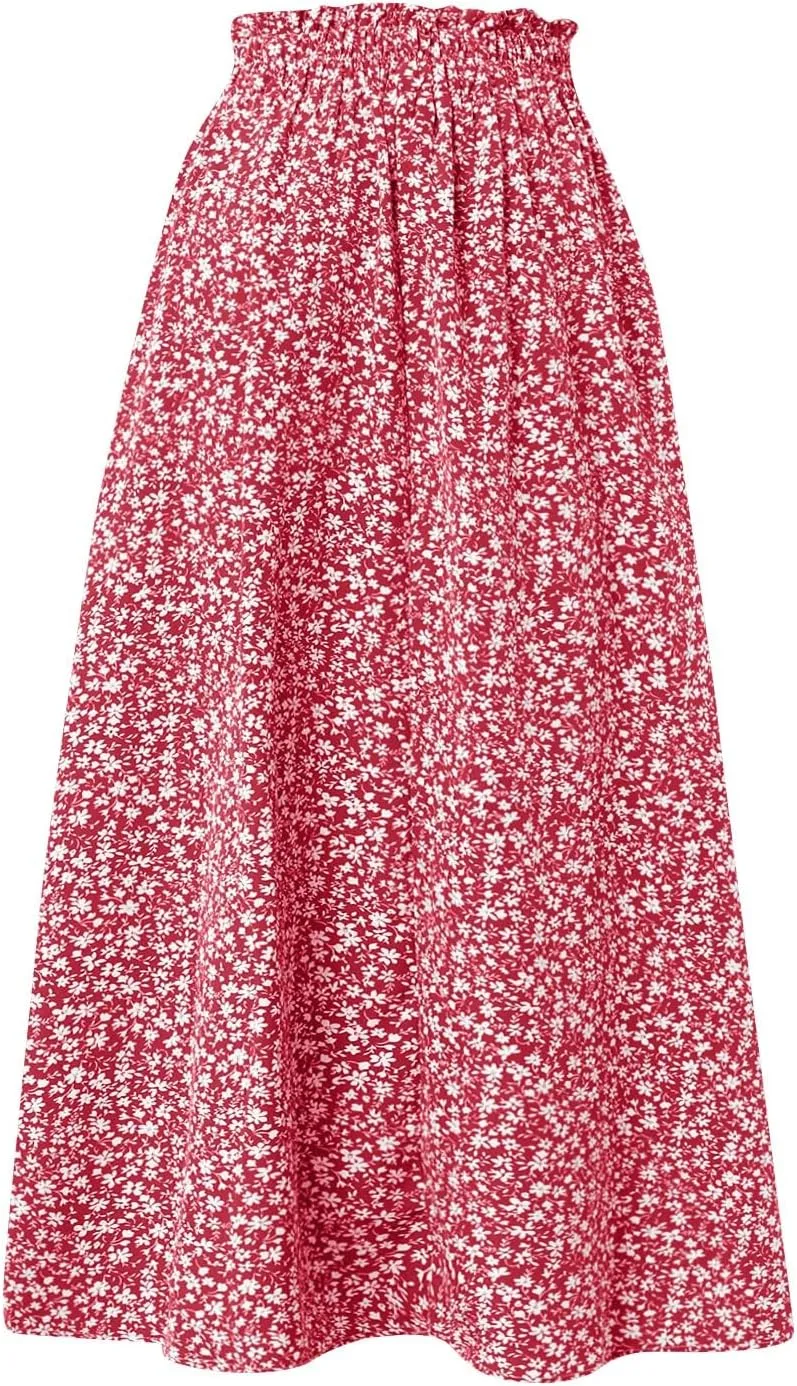 Linen Skirts for Women Boho Midi Skirt Summer Drawstring High Waist Skirts Ruffle A Line Calf Length Skirt with Pocket
