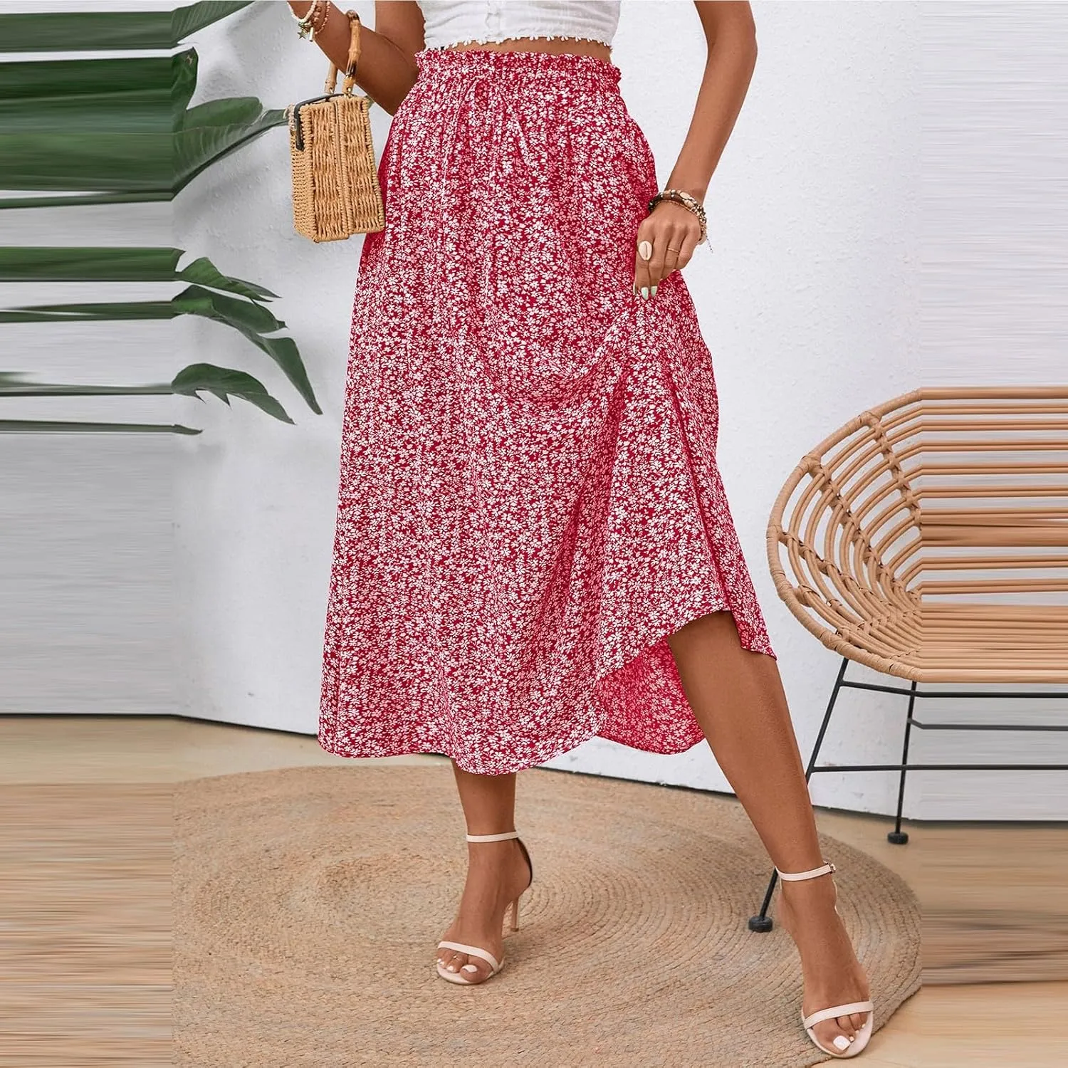 Linen Skirts for Women Boho Midi Skirt Summer Drawstring High Waist Skirts Ruffle A Line Calf Length Skirt with Pocket