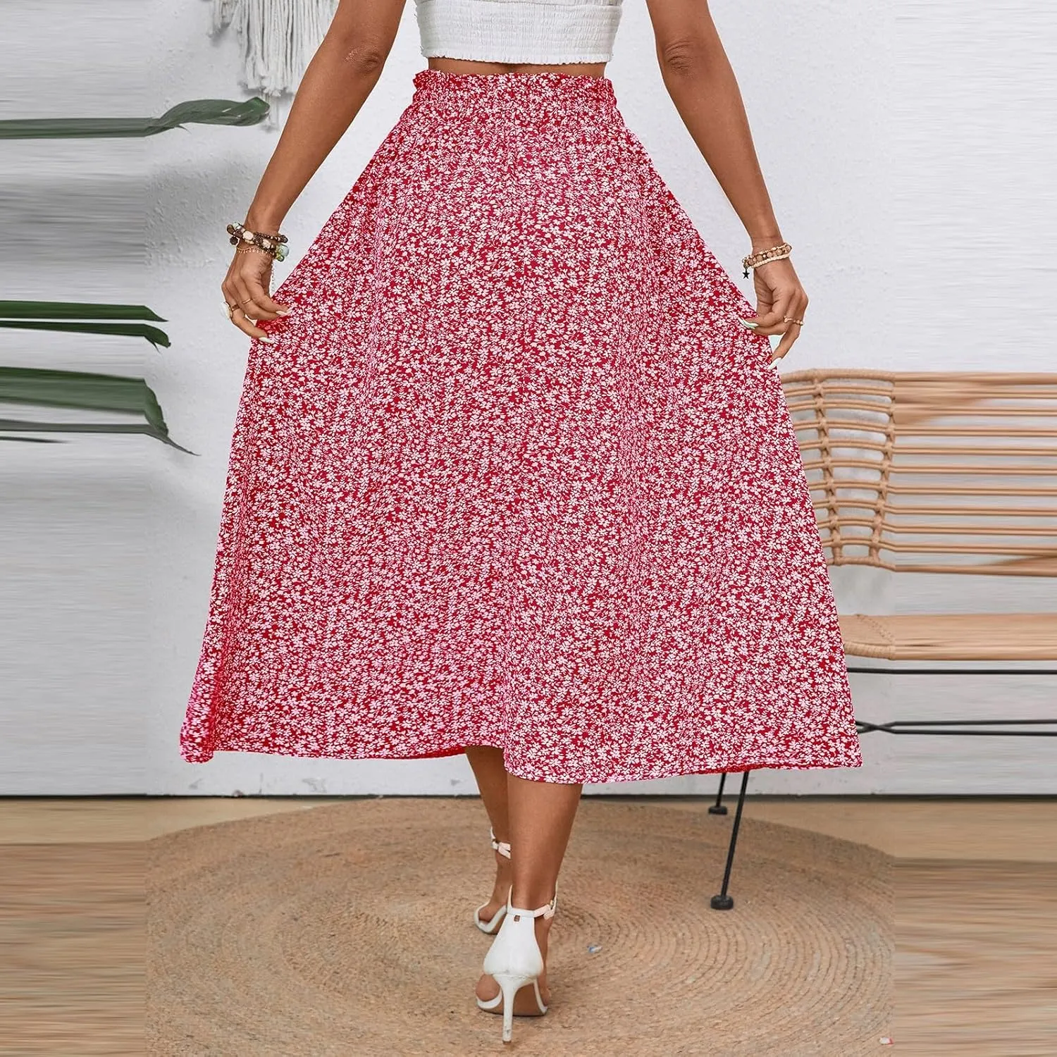 Linen Skirts for Women Boho Midi Skirt Summer Drawstring High Waist Skirts Ruffle A Line Calf Length Skirt with Pocket