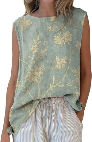 Linen Tank Tops for Women Cotton Gauze Tank Crewneck Boho Floral Printed Sleeveless Shirts Causal Summer Blouse Vest