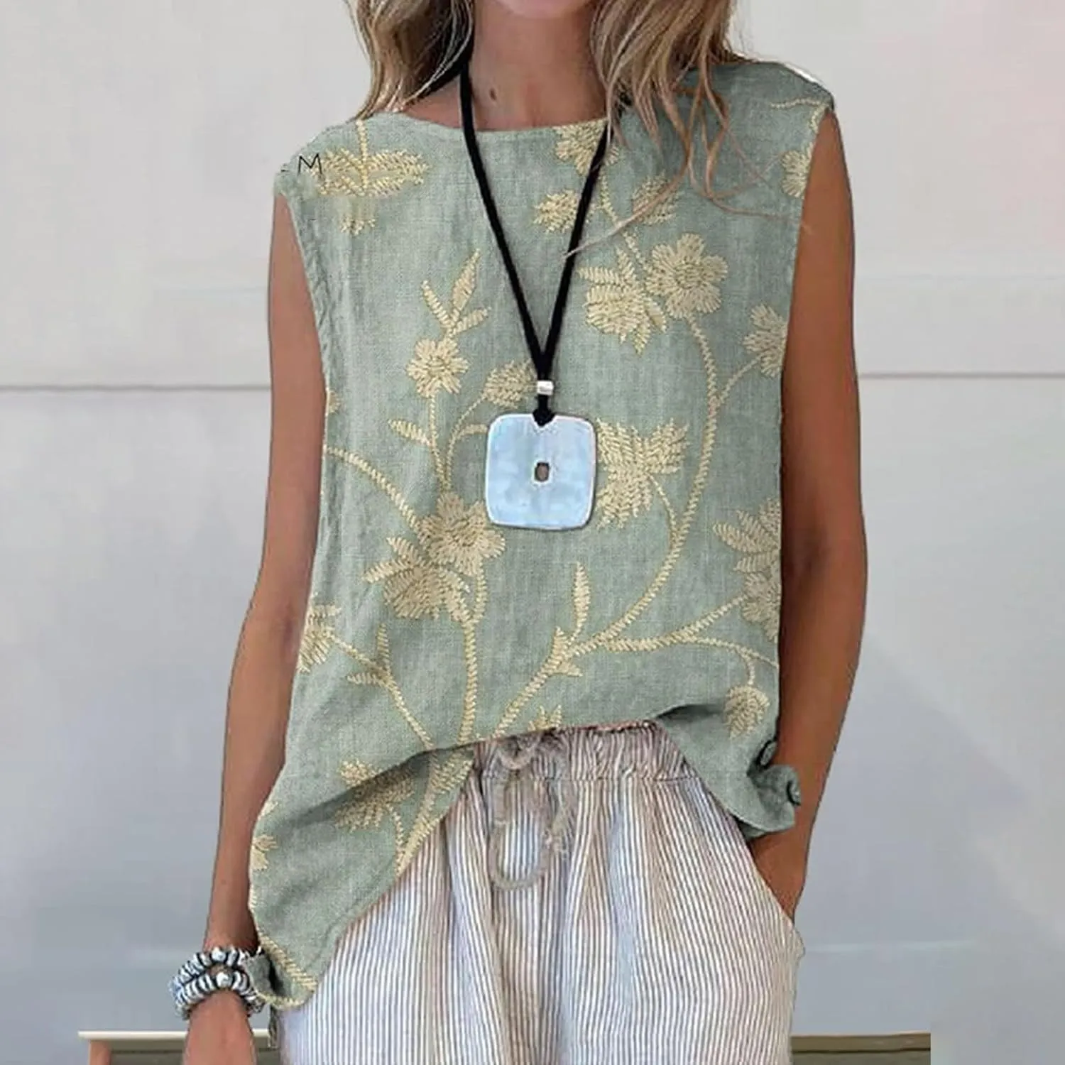 Linen Tank Tops for Women Cotton Gauze Tank Crewneck Boho Floral Printed Sleeveless Shirts Causal Summer Blouse Vest