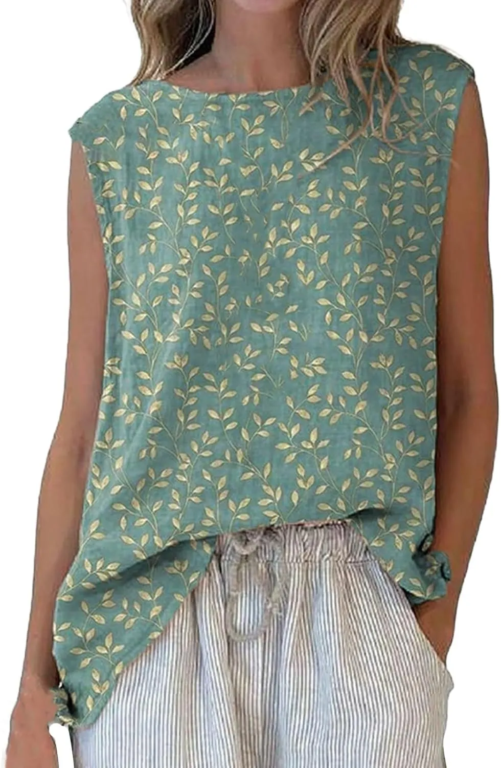 Linen Tank Tops for Women Summer Sleeveless Crewneck Blouse Casual Solid Color Loose Basic Shirt Vest Plus Size