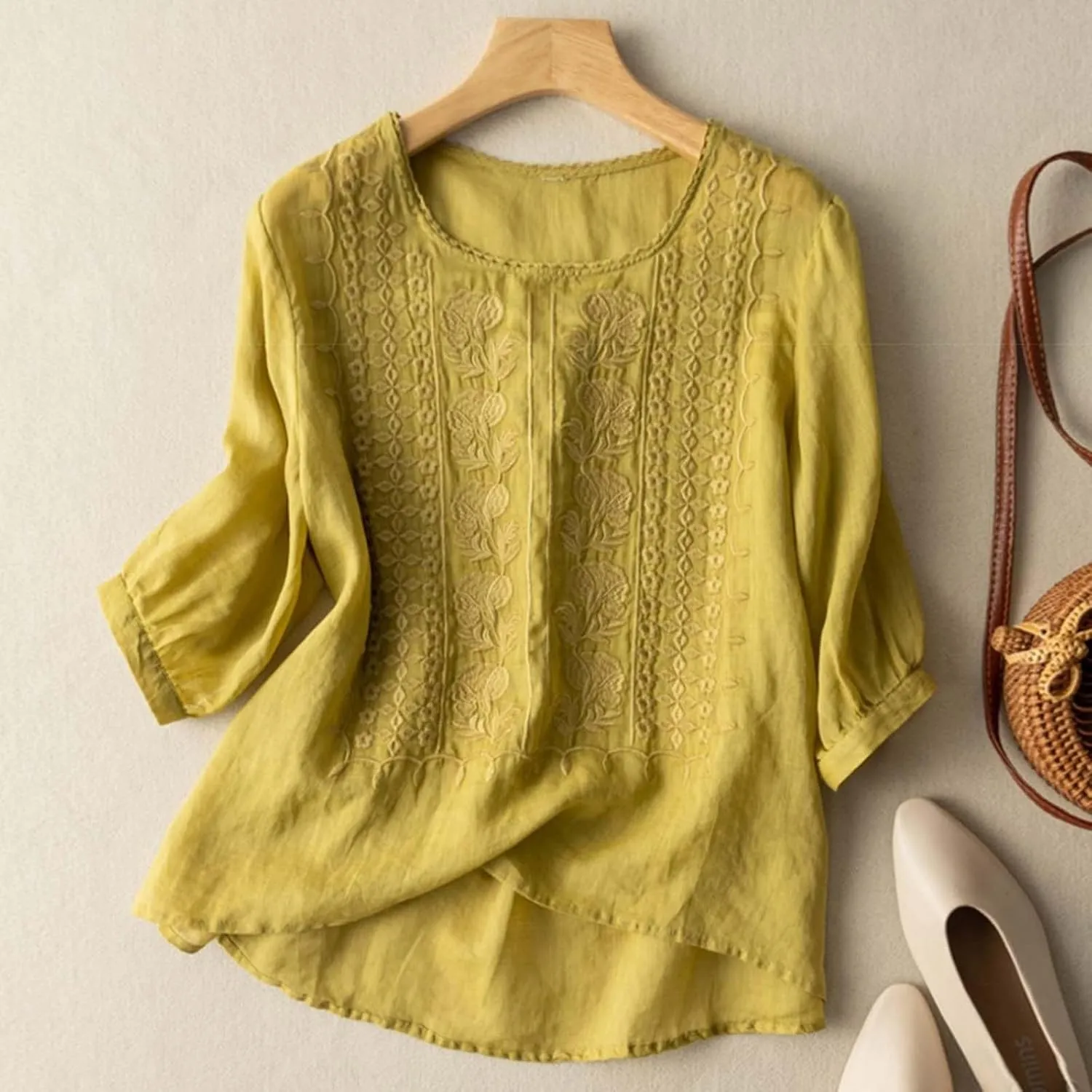 Linen Tops for Women Summer Trendy Retro Embroidered 3/4 Length Sleeve Tops Dressy Casual Blouses Boho Cute Shirts