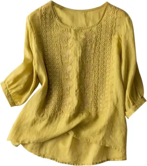 Linen Tops for Women Summer Trendy Retro Embroidered 3/4 Length Sleeve Tops Dressy Casual Blouses Boho Cute Shirts