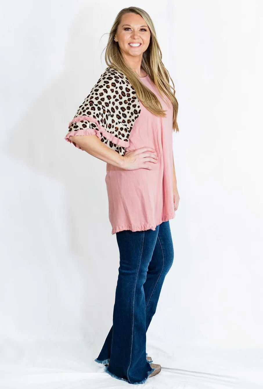 Linen Tunic Top with Animal Print Layered Bell Sleeves by Umgee Clothing