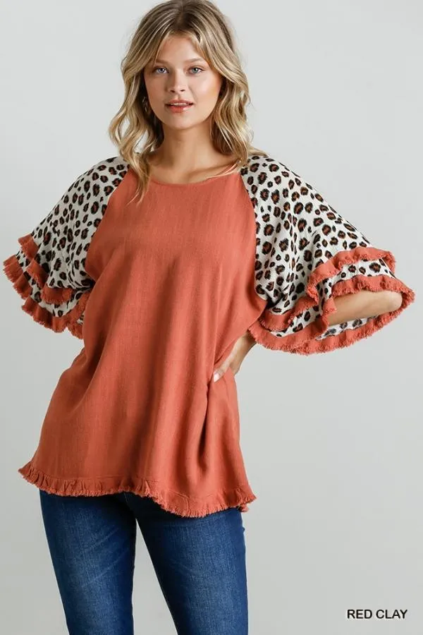 Linen Tunic Top with Animal Print Layered Bell Sleeves by Umgee Clothing
