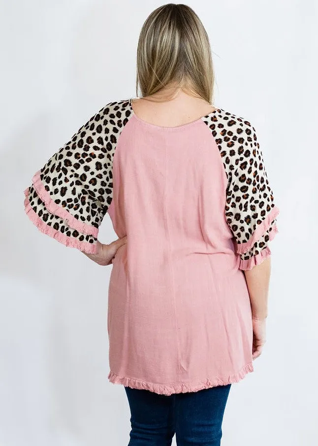 Linen Tunic Top with Animal Print Layered Bell Sleeves by Umgee Clothing