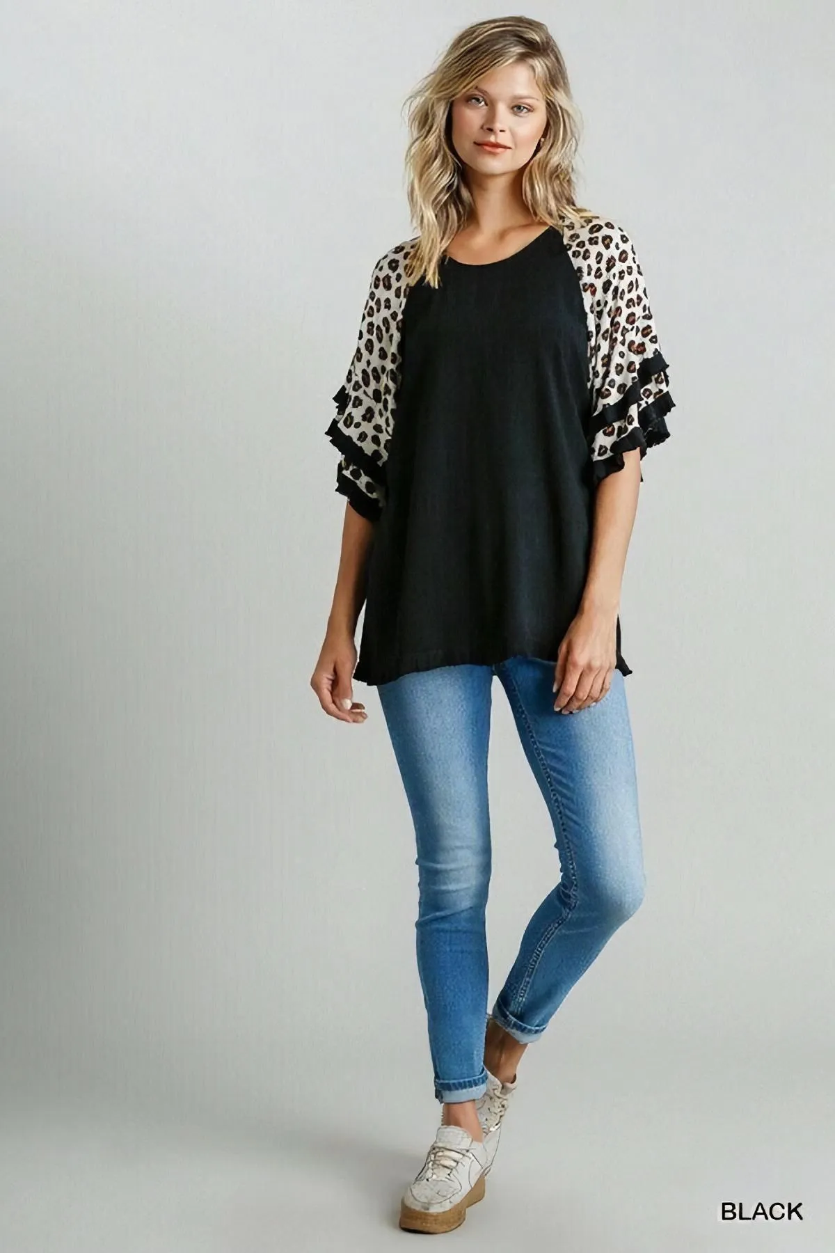 Linen Tunic Top with Animal Print Layered Bell Sleeves by Umgee Clothing
