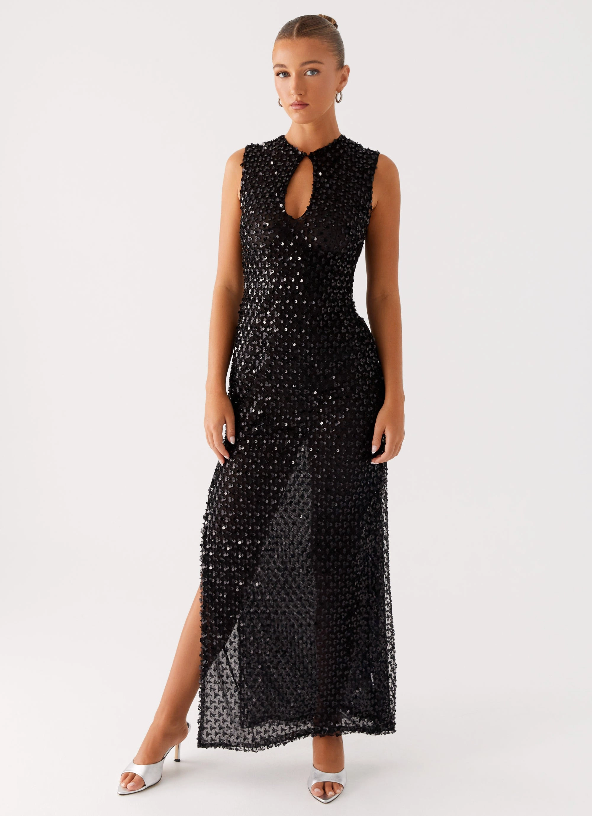 Kore Sequin Maxi Dress - Black Trendy Layering Crinkle Effect