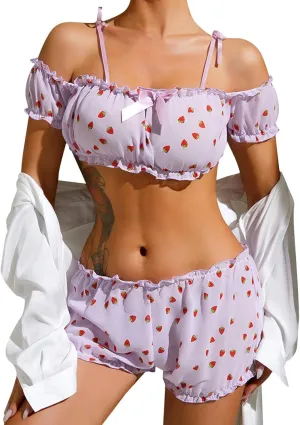 Lingerie Sets for Women Sexy Wrapped Underwear Set One Shoulder Suspender Pajamas Women's Printed Set