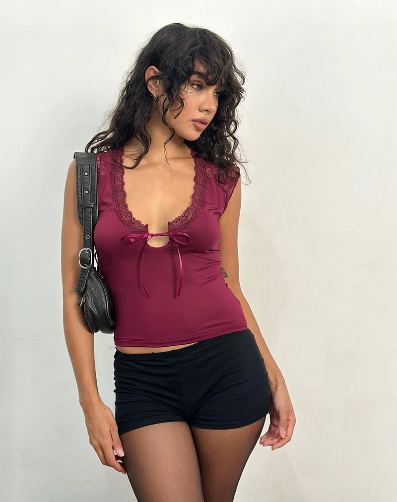 Livina Top in Slinky Jersey Burgundy with Lace