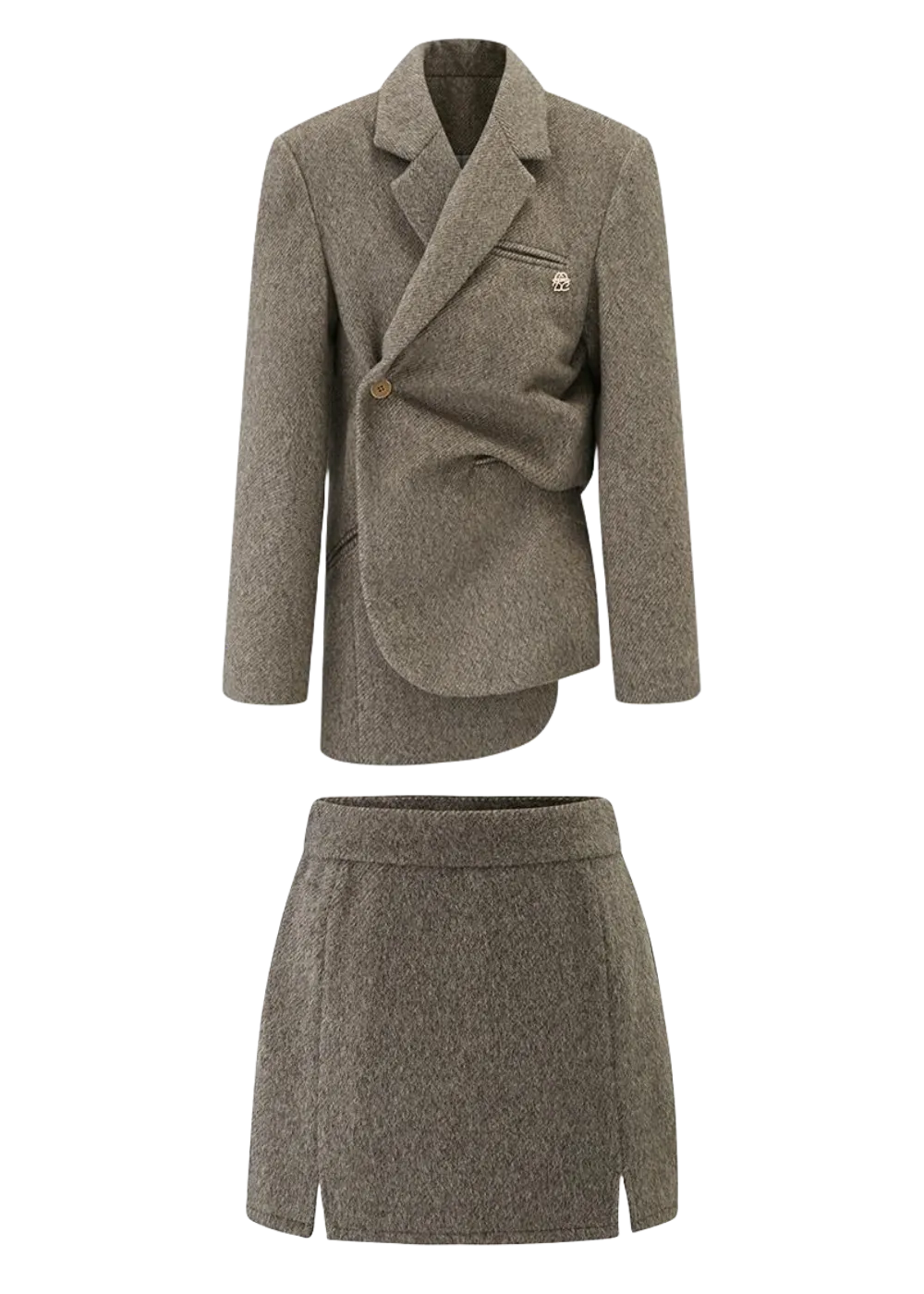 LLDC Asymmetrical Slant Placket Thick Blazer & Slit Mini Skirt
