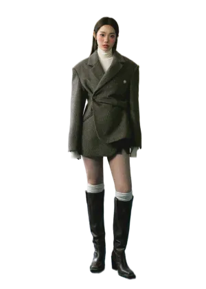 LLDC Asymmetrical Slant Placket Thick Blazer & Slit Mini Skirt