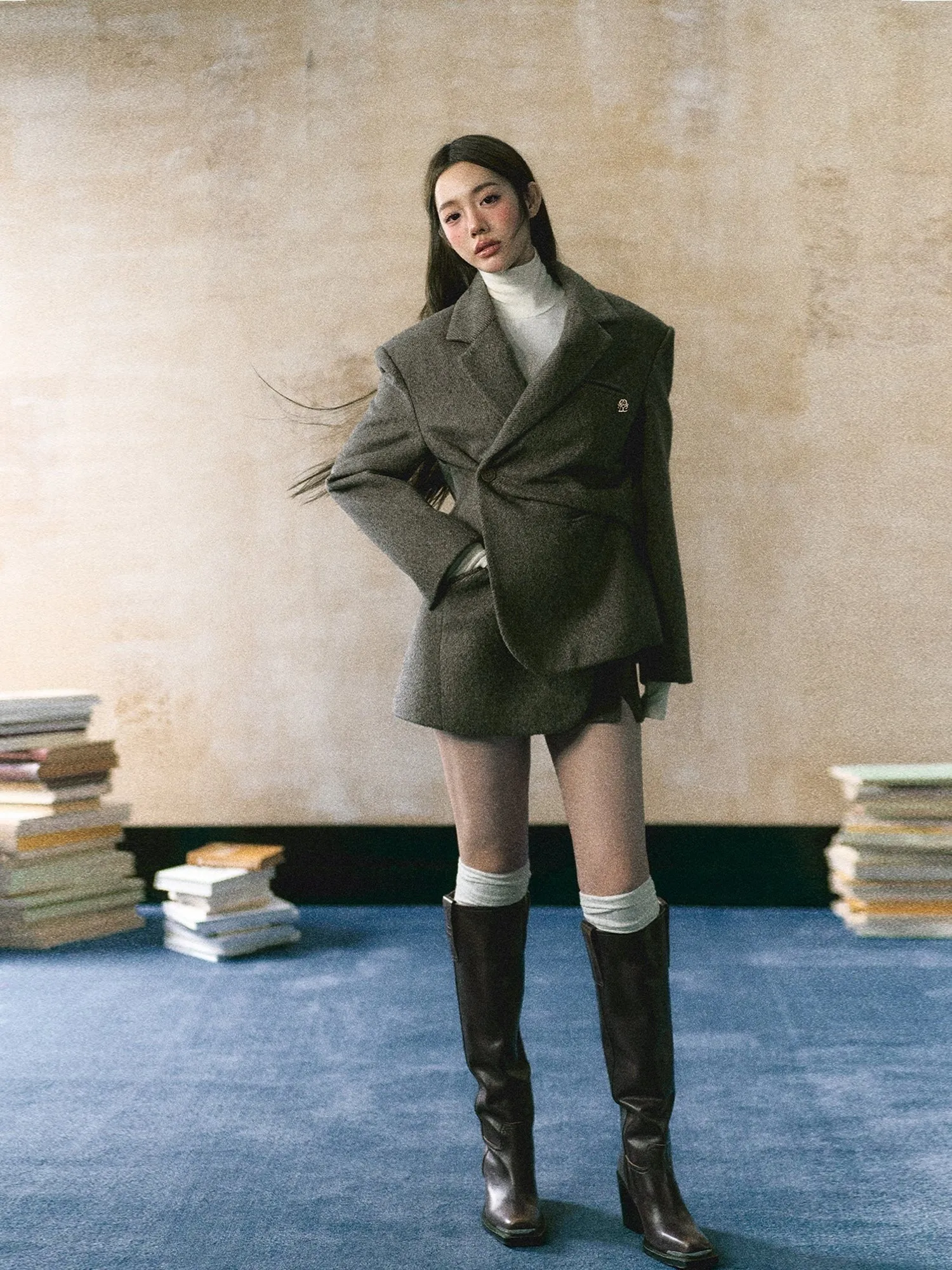 LLDC Asymmetrical Slant Placket Thick Blazer & Slit Mini Skirt