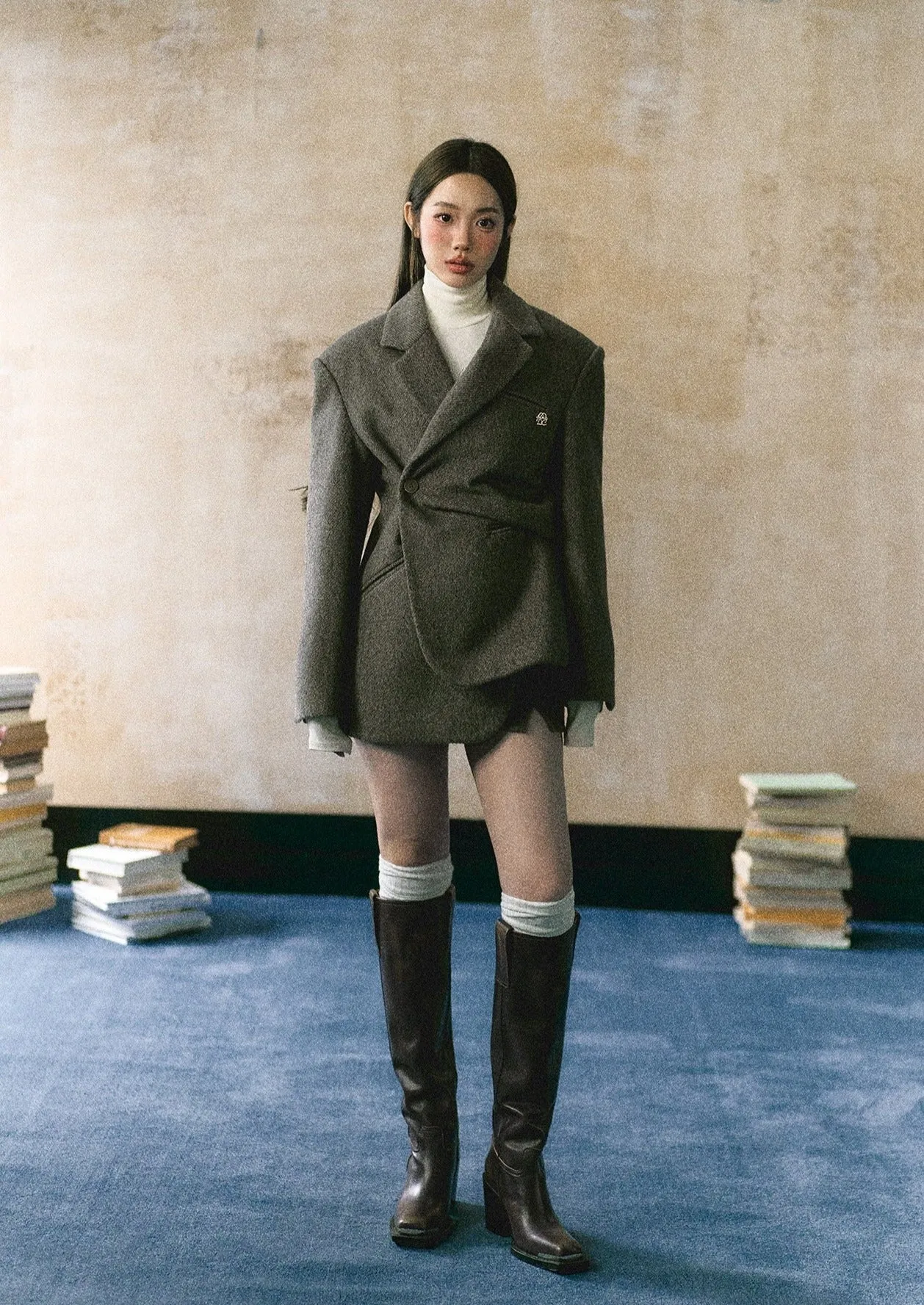 LLDC Asymmetrical Slant Placket Thick Blazer & Slit Mini Skirt