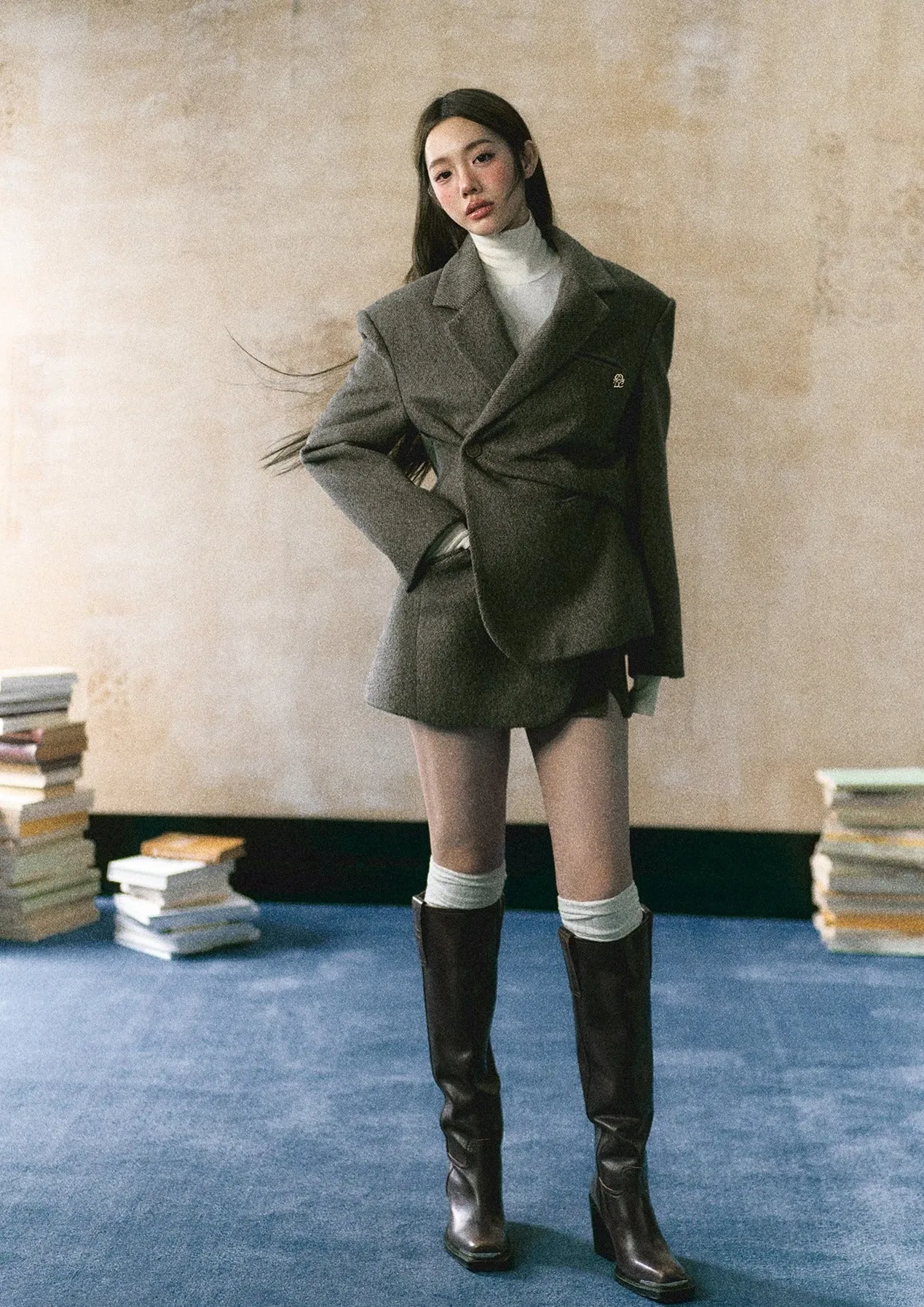 LLDC Asymmetrical Slant Placket Thick Blazer & Slit Mini Skirt