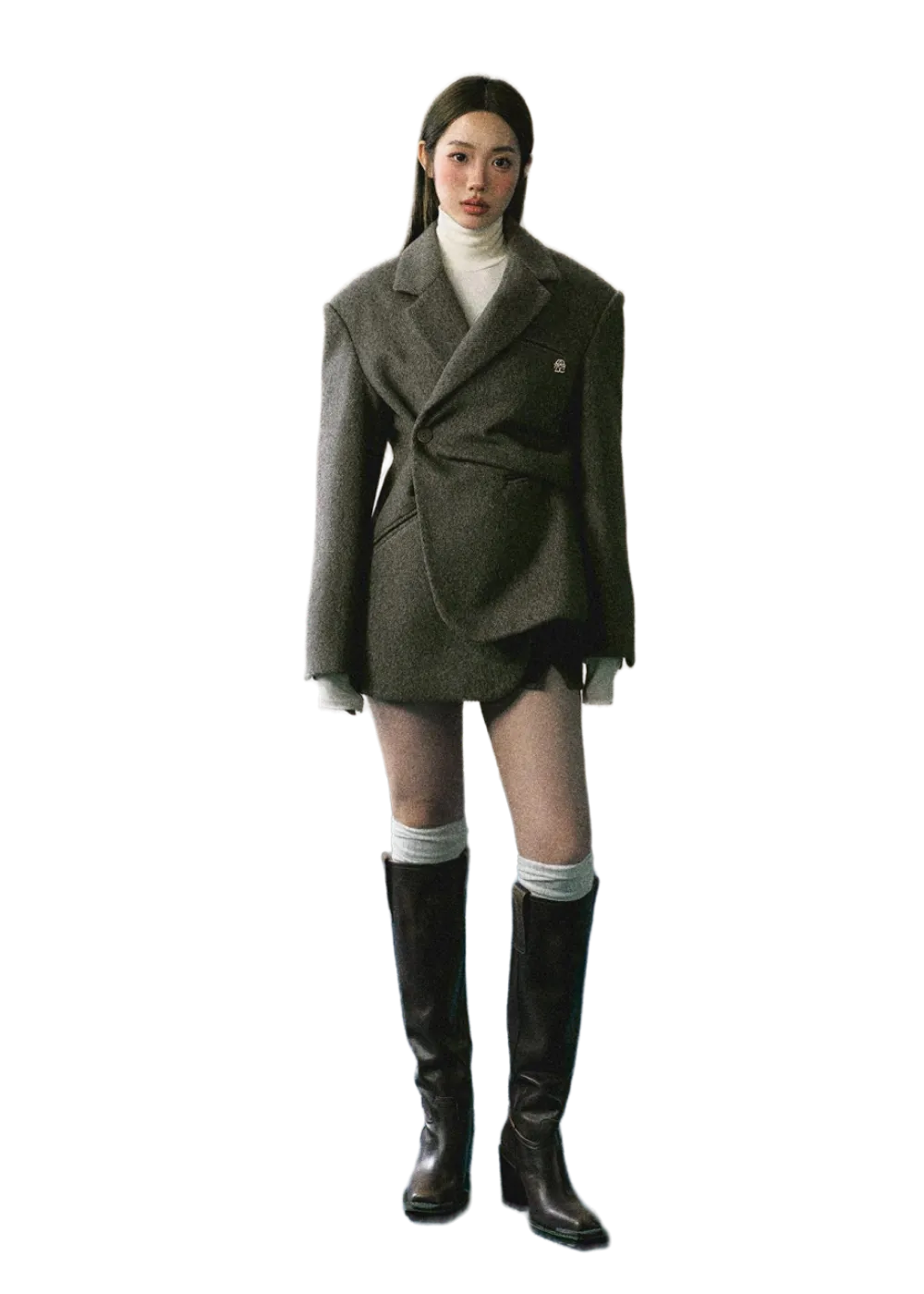 LLDC Asymmetrical Slant Placket Thick Blazer & Slit Mini Skirt