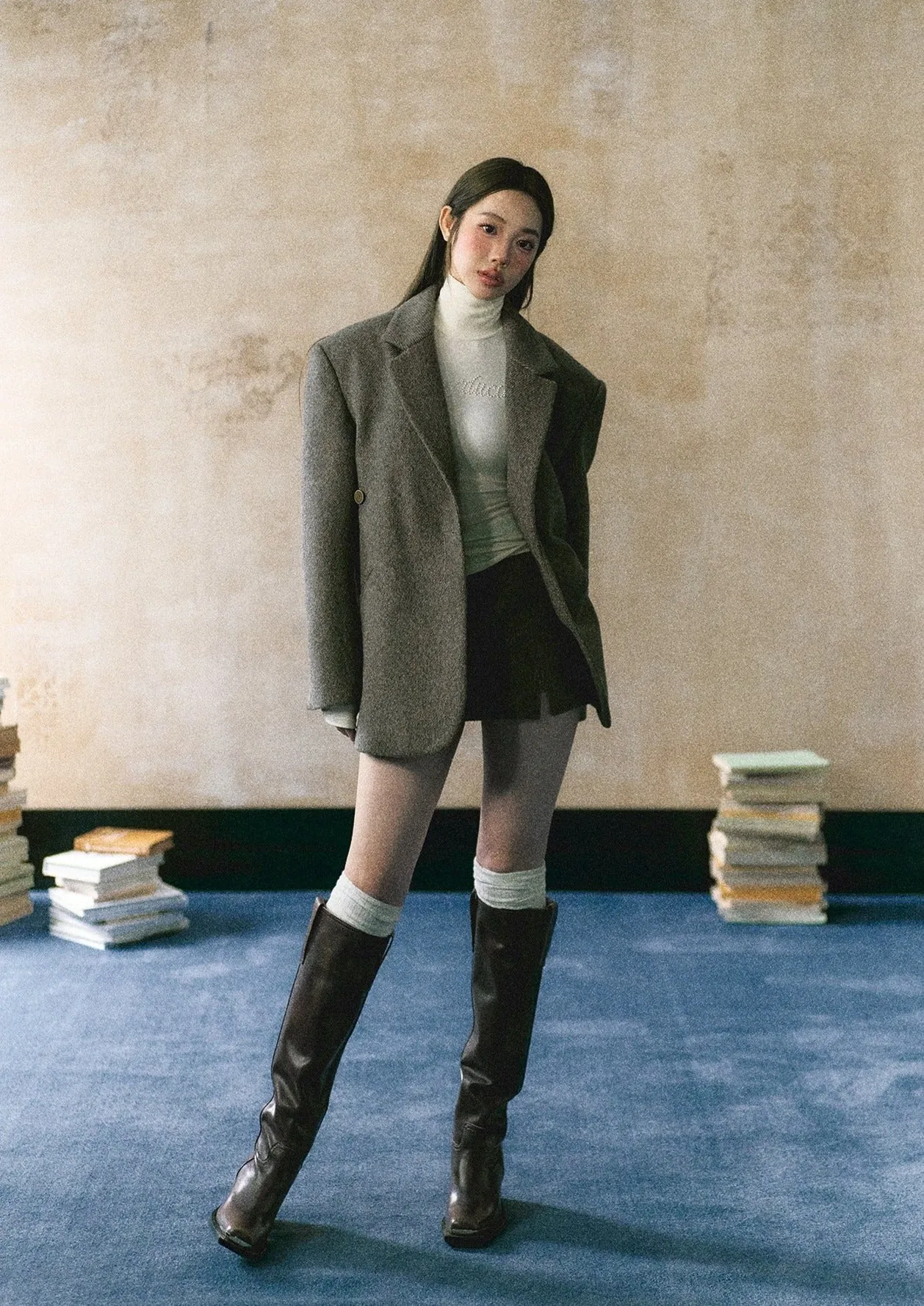 LLDC Asymmetrical Slant Placket Thick Blazer & Slit Mini Skirt