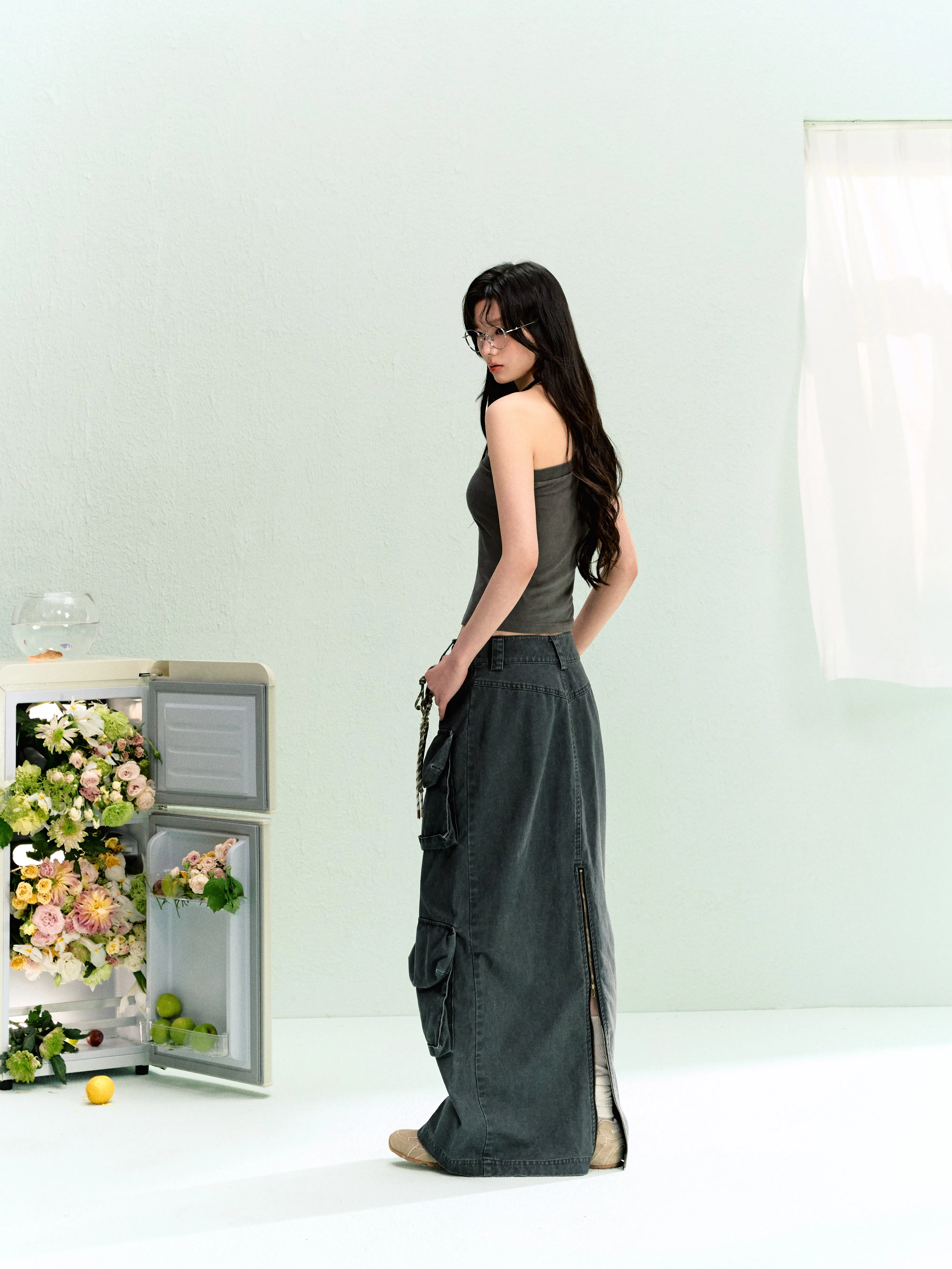 LLDC 'SUMMER DREAM' Solid One Shoulder Top & Multi-Pockets Cargo Skirt Set