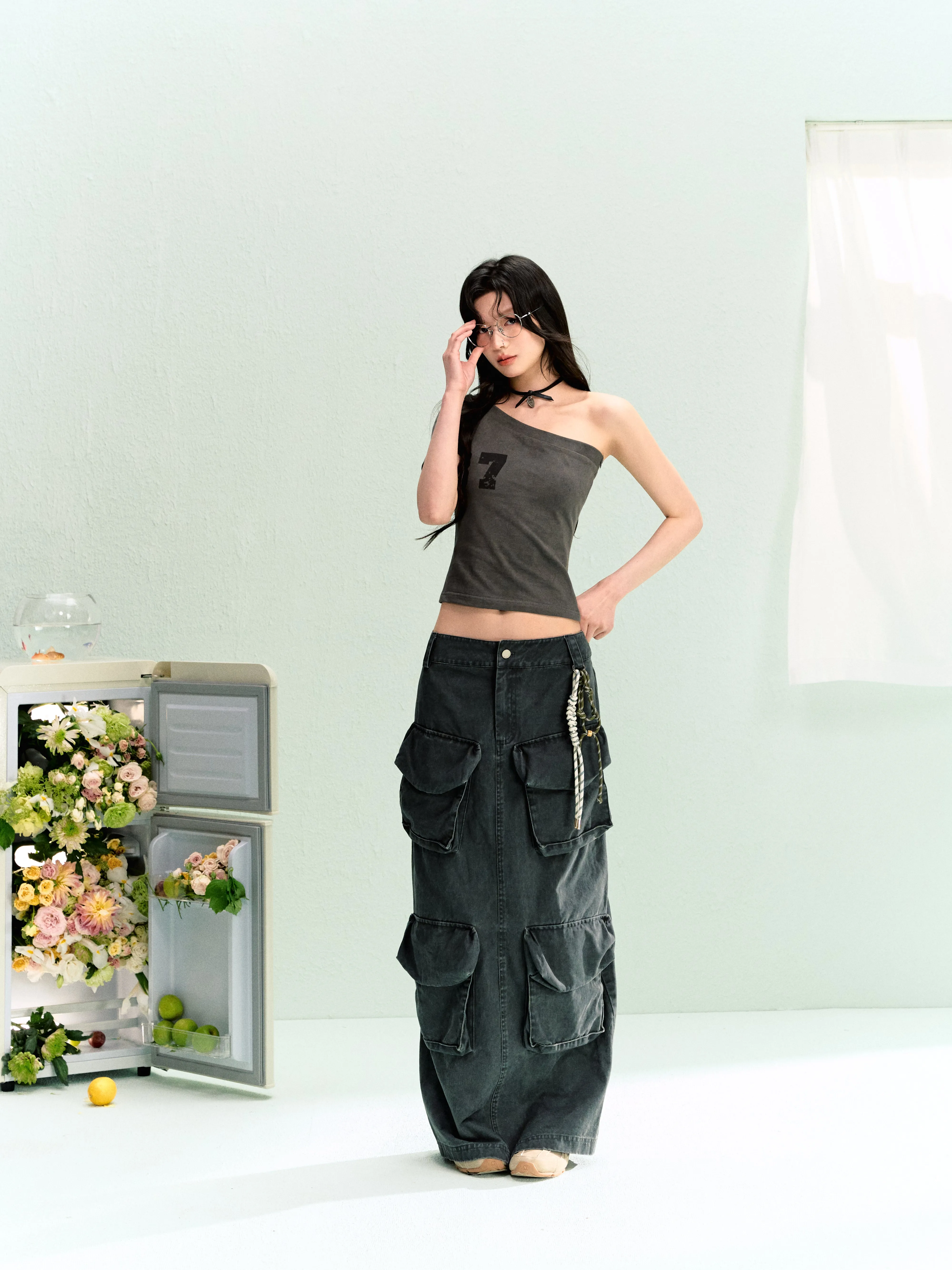LLDC 'SUMMER DREAM' Solid One Shoulder Top & Multi-Pockets Cargo Skirt Set