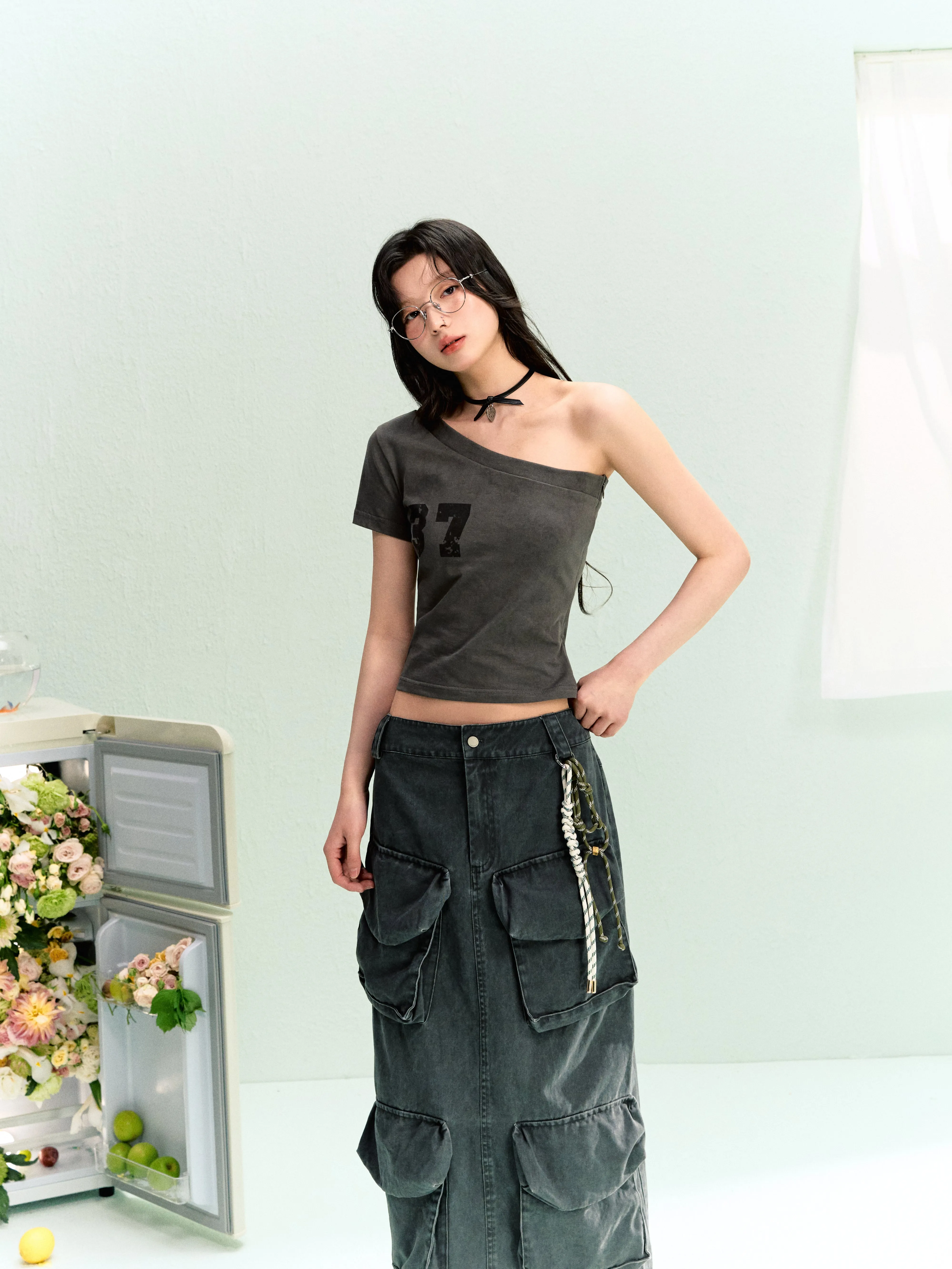 LLDC 'SUMMER DREAM' Solid One Shoulder Top & Multi-Pockets Cargo Skirt Set