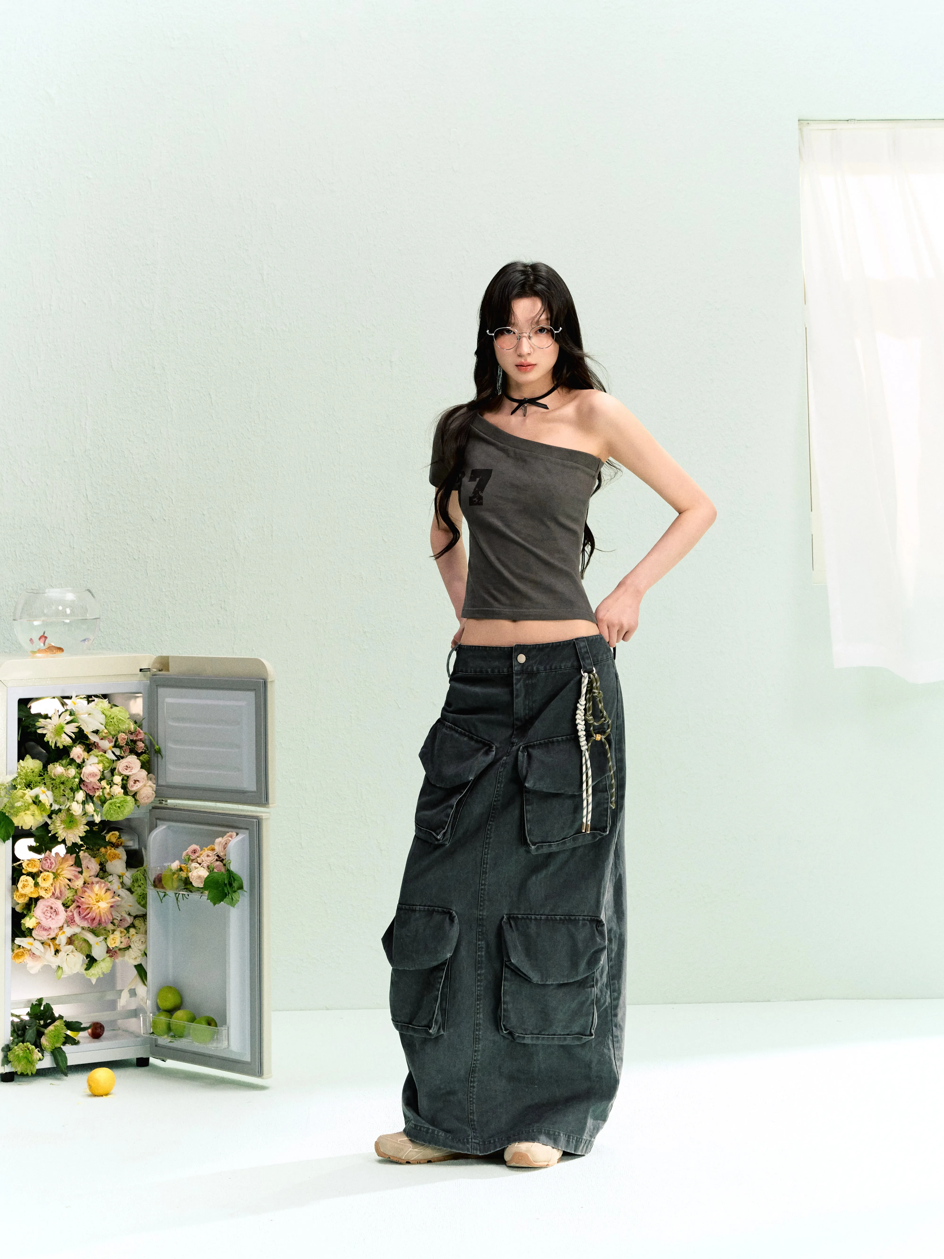 LLDC 'SUMMER DREAM' Solid One Shoulder Top & Multi-Pockets Cargo Skirt Set
