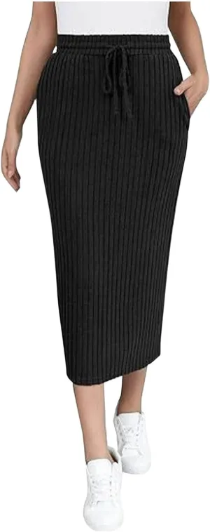 Lmdudan Women's Midi Skirt 2025 Trendy Elastic High Waisted Casual Stretchy Skirts Bodycon Knitted Pencil Skirts with Pocket