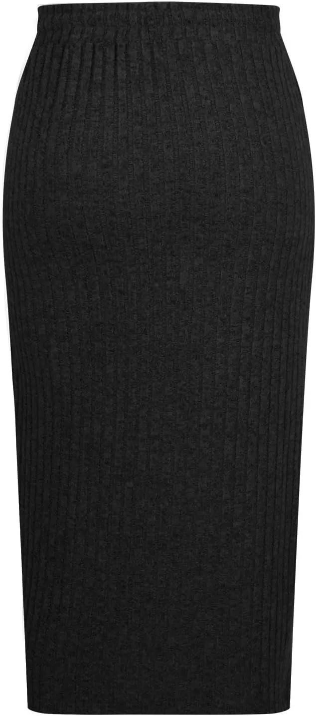 Lmdudan Women's Midi Skirt 2025 Trendy Elastic High Waisted Casual Stretchy Skirts Bodycon Knitted Pencil Skirts with Pocket
