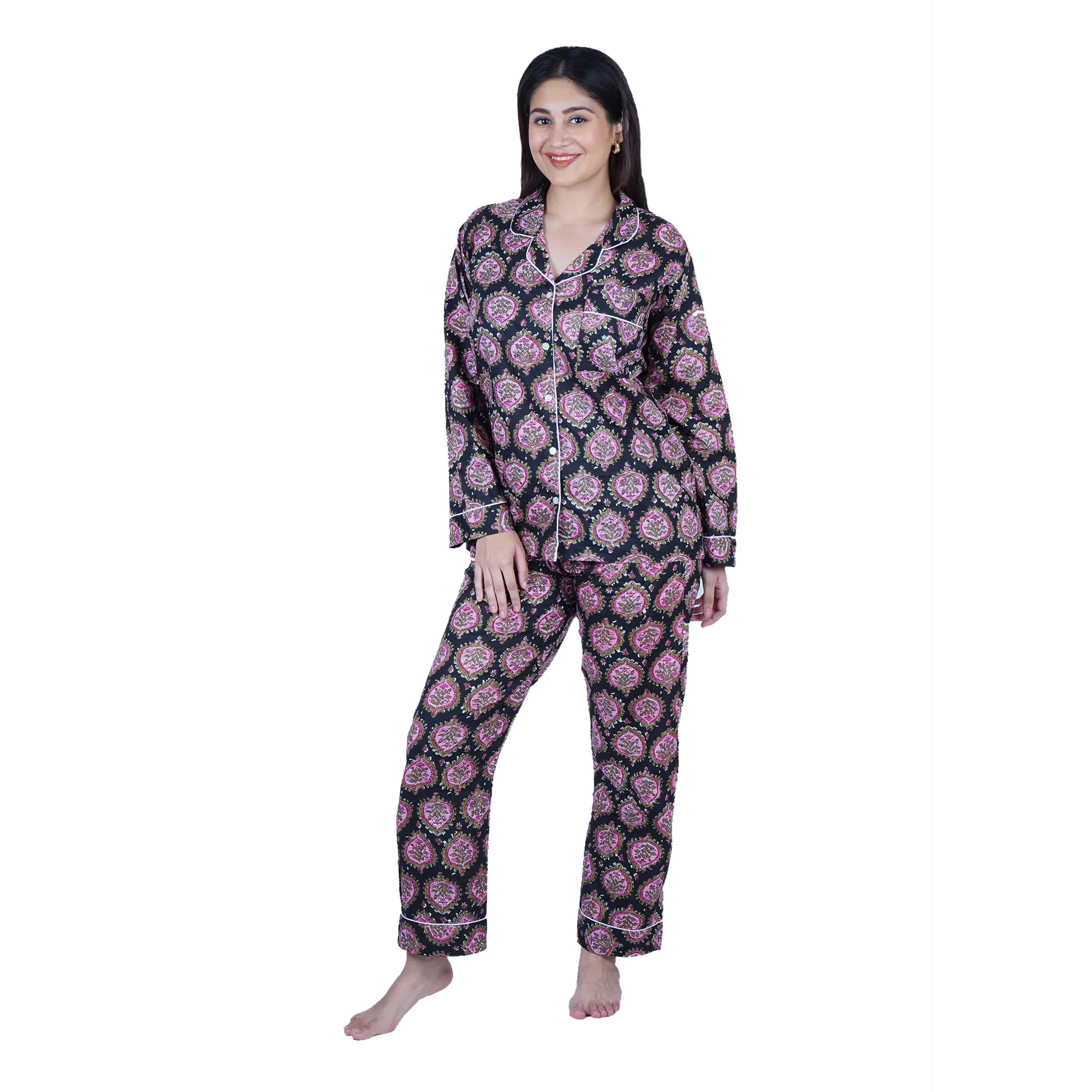 Long Cotton Pyjama Set - Black Paisley