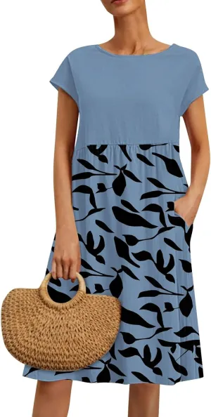 Long Floral Dresses for Women 2025 Elegant Short Sleeve Maxi Dress Patchwork Short Sleeve Modest Flowy A Line Dress